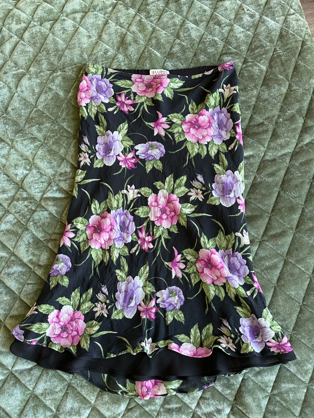 Silk 90s Black Midi Skirt with Pink & Purple Floral Print